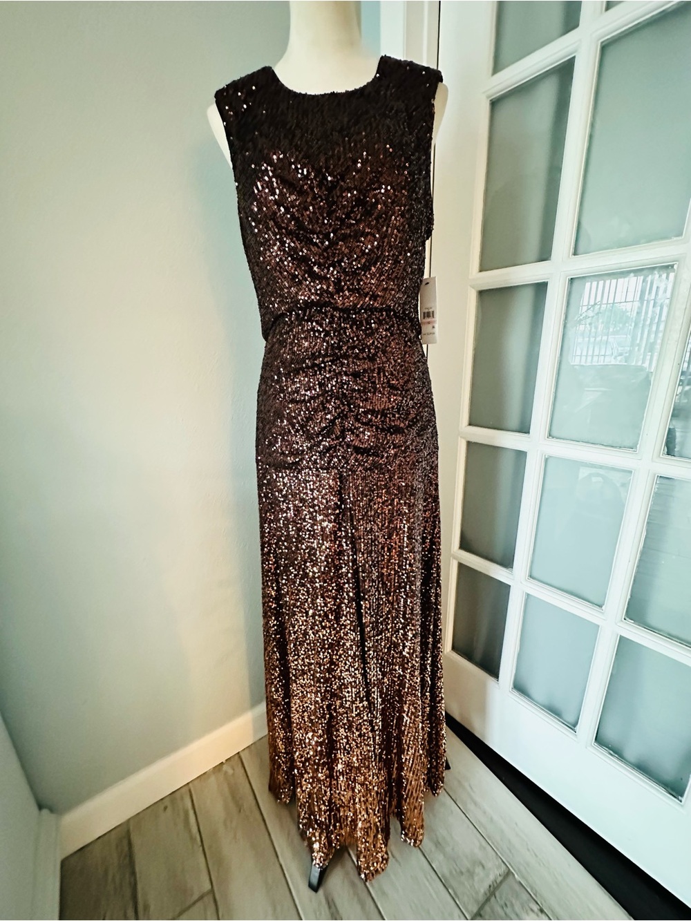 DKNY Bronze Sequin Sleeveless Maxi Dress